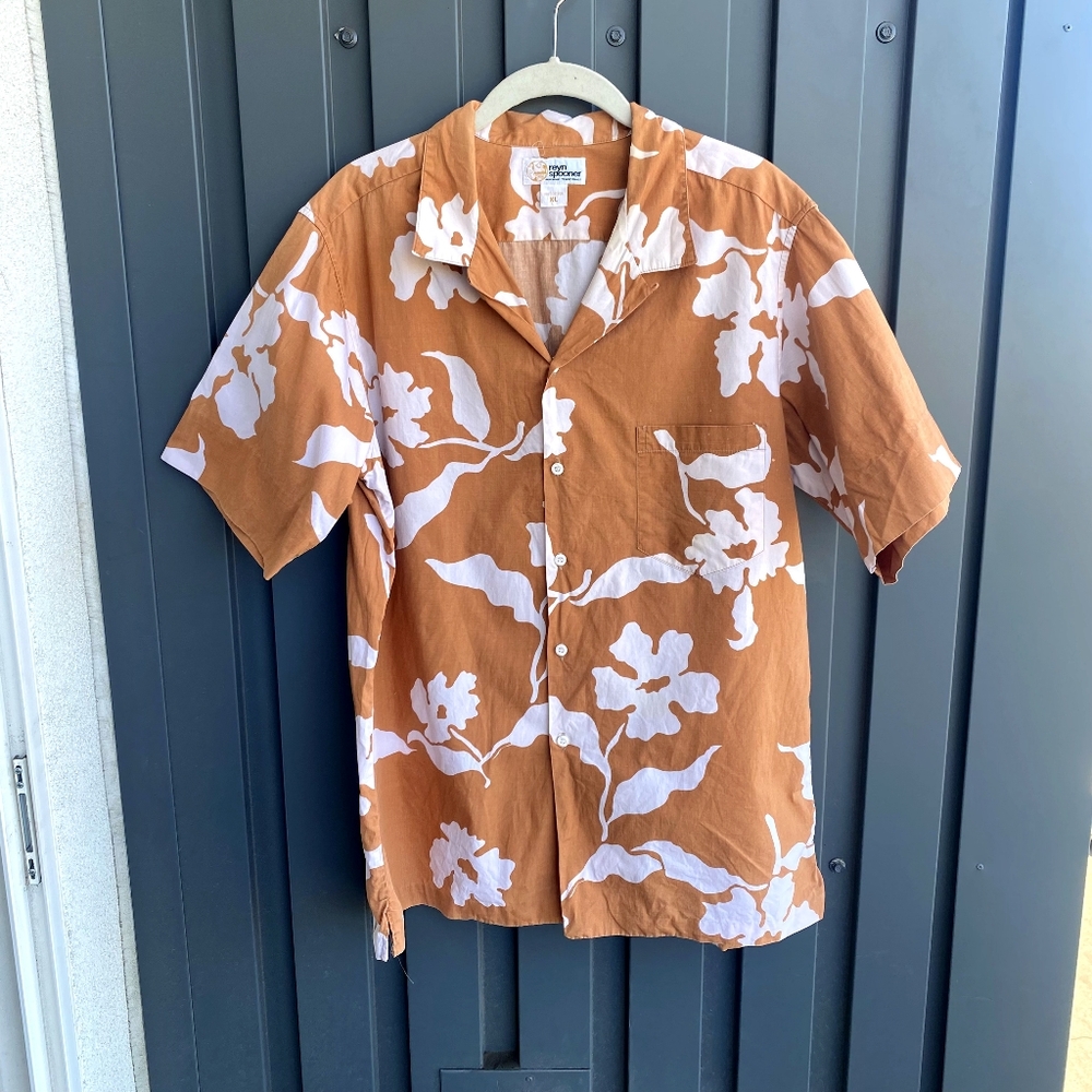 100% Cotton Reyn Spooner Hawaiian Floral Shirt Orange Brown XL